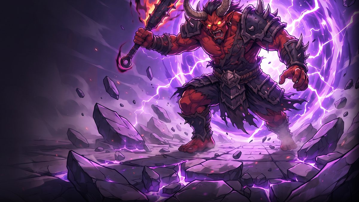 Key art from Build an Anime Army: a horned oni warrior bursting out of a purple portal