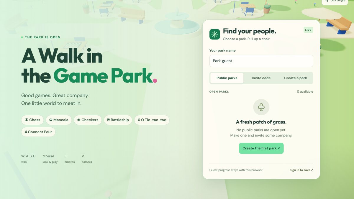A Walk in the Game Park start screen: a sunny 3D park behind a Find your people panel listing six table games