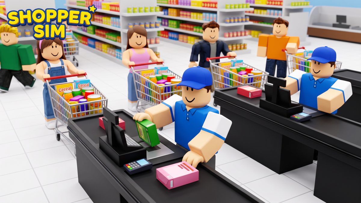 Shopper Sim key art: blocky shoppers with carts at a superstore checkout